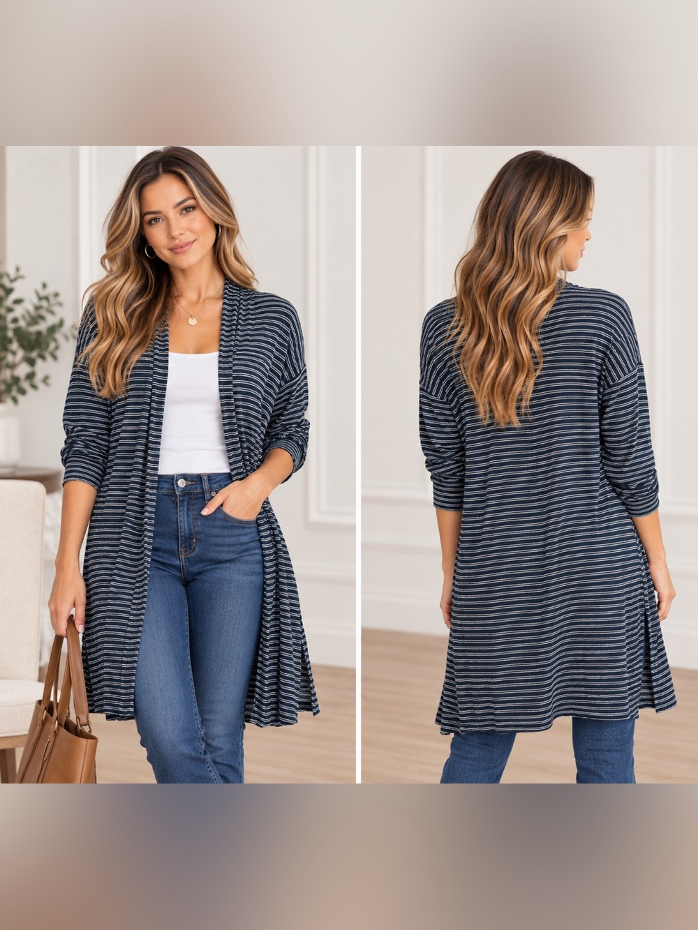 Soma Navy and White Striped Long Open-Front Cardigan